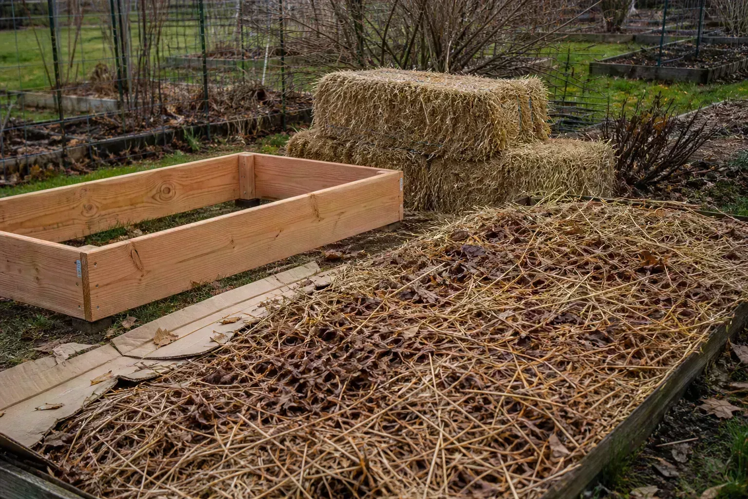 Mulched garden beds with healthy plant debris left to protect the soil through winter
