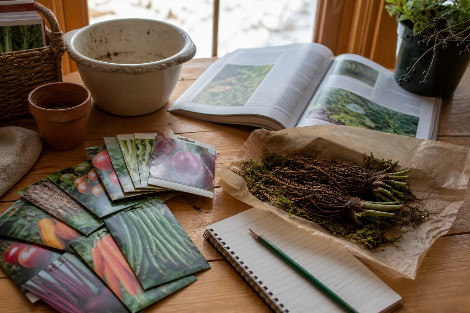 Seed packets, a notebook, and dormant garden material arranged for winter planning.