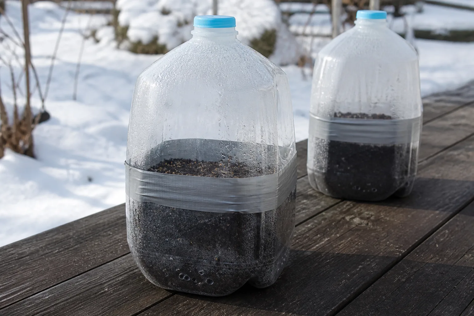 Ventilated milk-jug containers used for winter sowing in a dormant garden