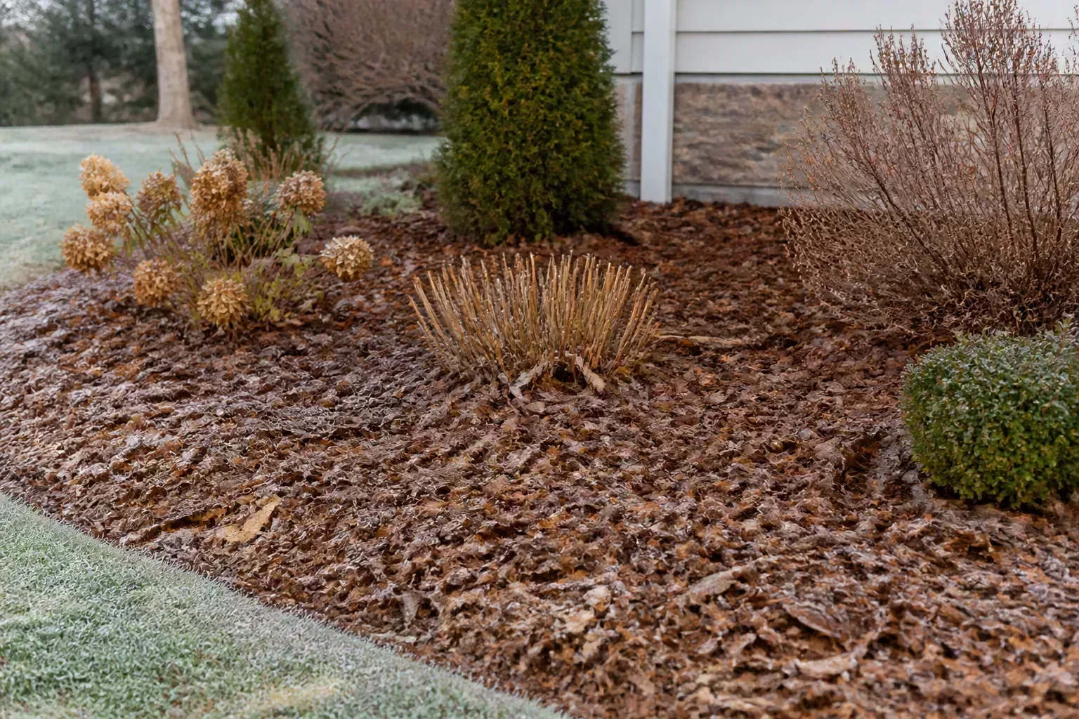 Dormant garden plants protected by winter leaf mulch