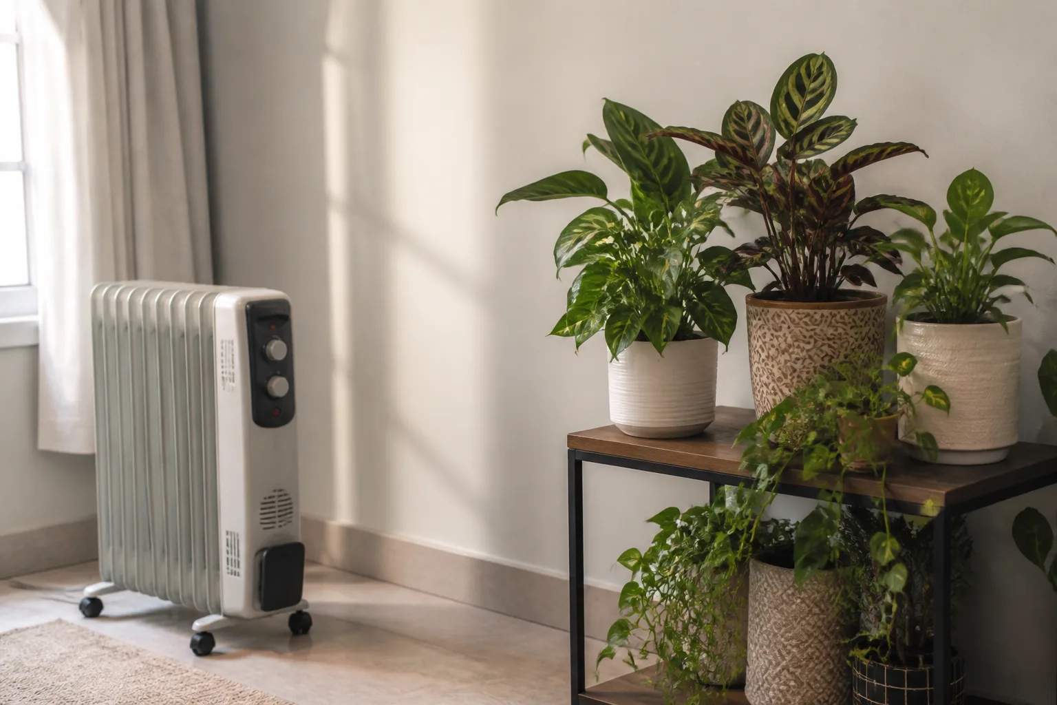 Houseplants kept clear of a winter heater and bright window