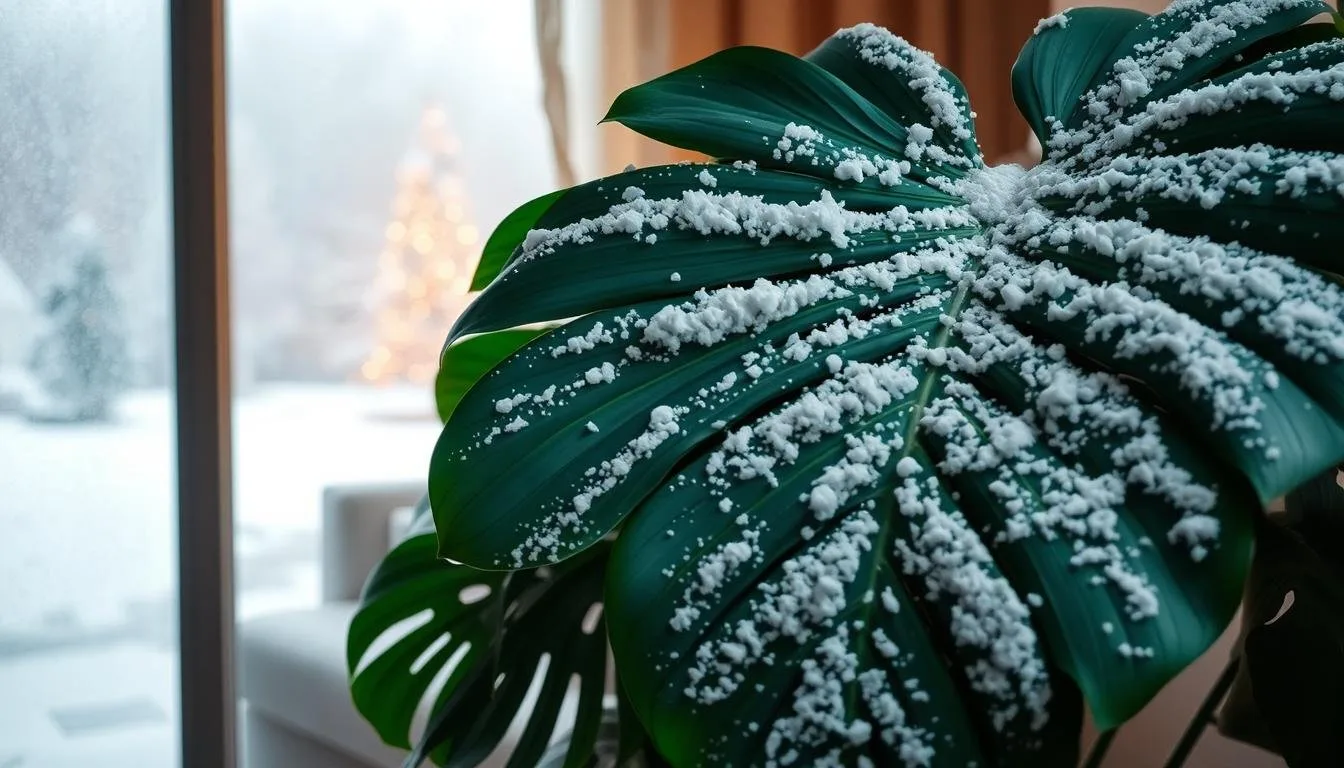 Monstera deliciosa on a bright indoor windowsill in winter with indirect light