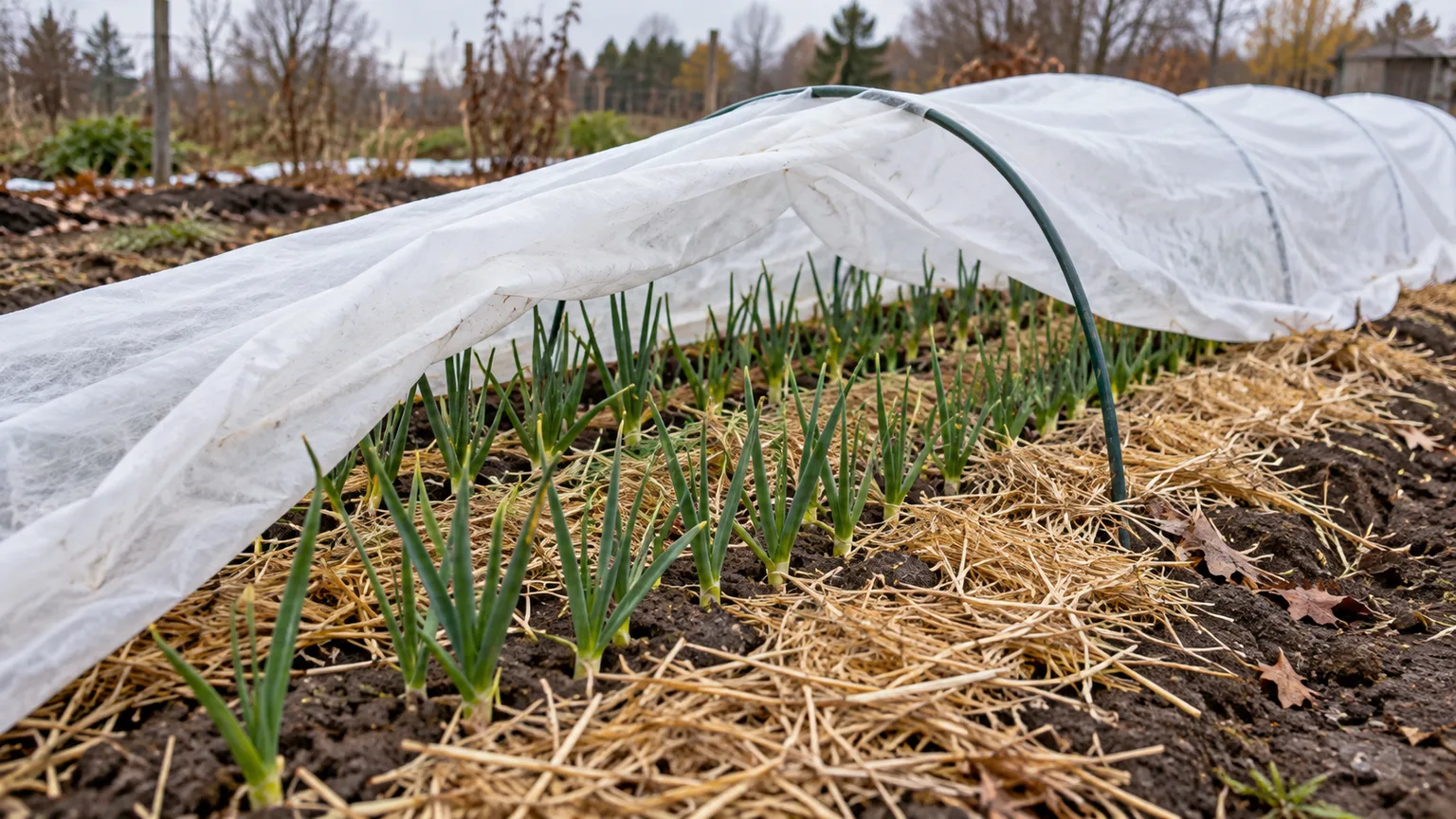 Young winter onions under breathable row cover with loose straw mulch between rows