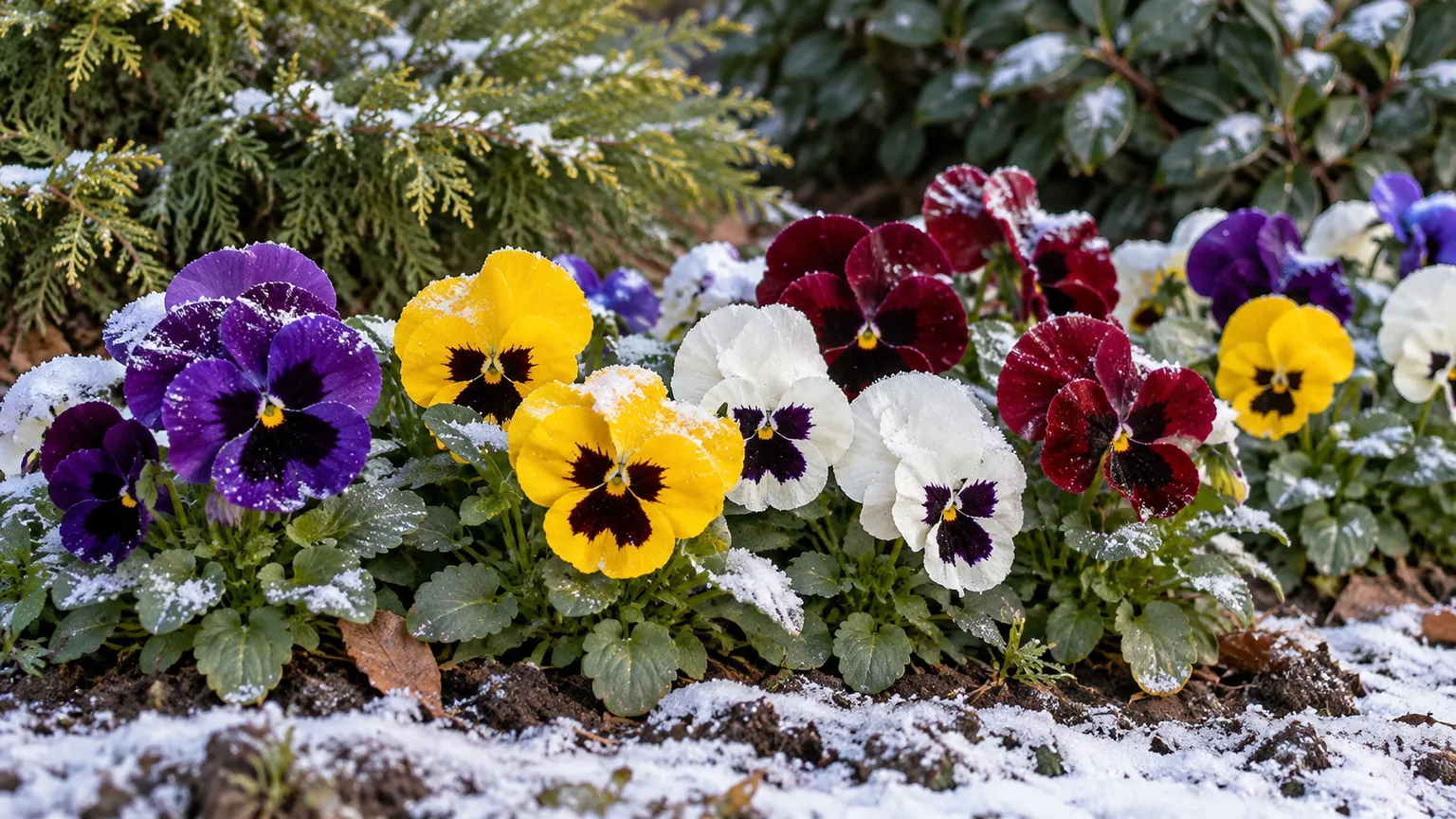 Winter pansies blooming beneath a light dusting of snow in an outdoor bed