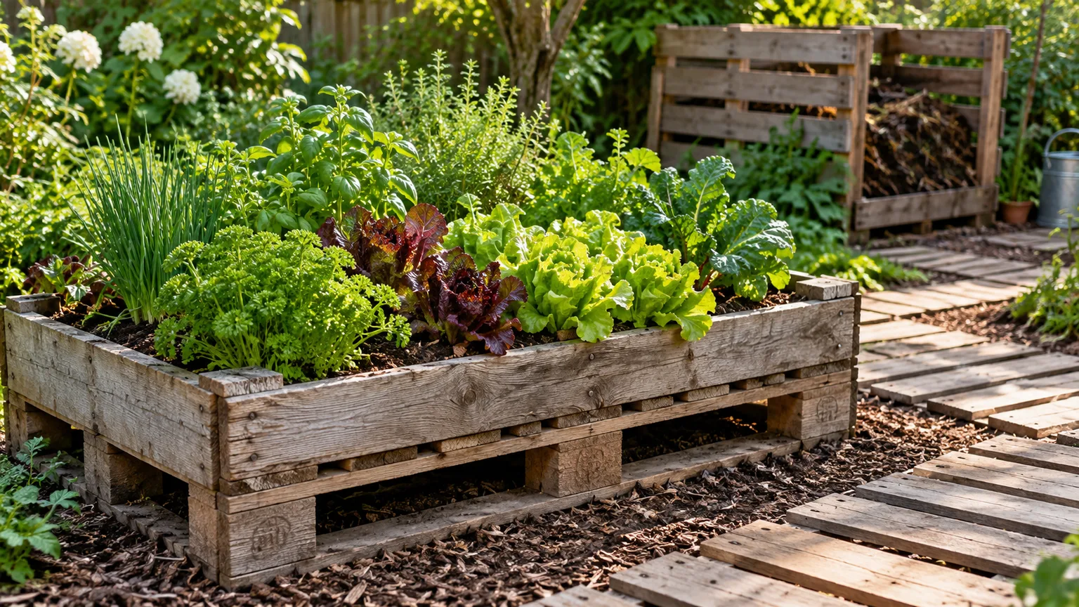 Raised pallet garden bed planted with herbs and greens beside a slatted garden path and compost bin