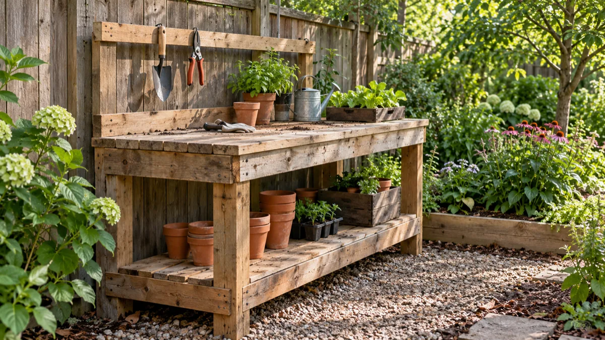 Reclaimed pallet wood potting bench with seedling trays and garden tools