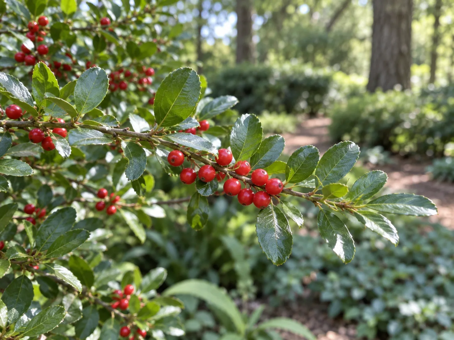 An evergreen yaupon holly with clusters of round red berries.