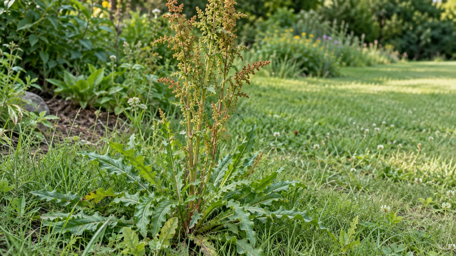 Yellow dock with narrow wavy leaves and rusty seed clusters in a garden edge