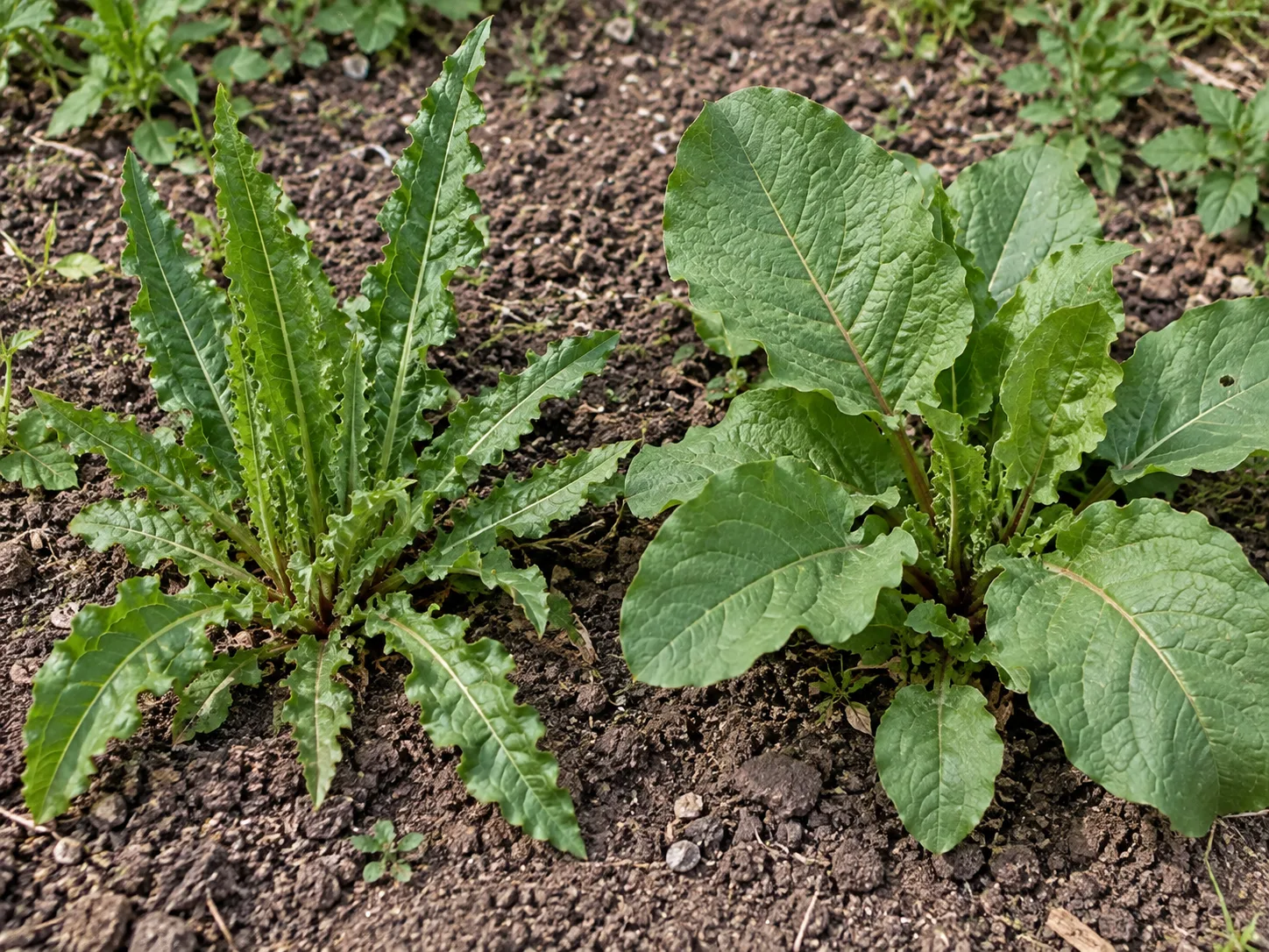 A curly dock rosette with narrow rippled leaves beside a broader-leaved dock rosette