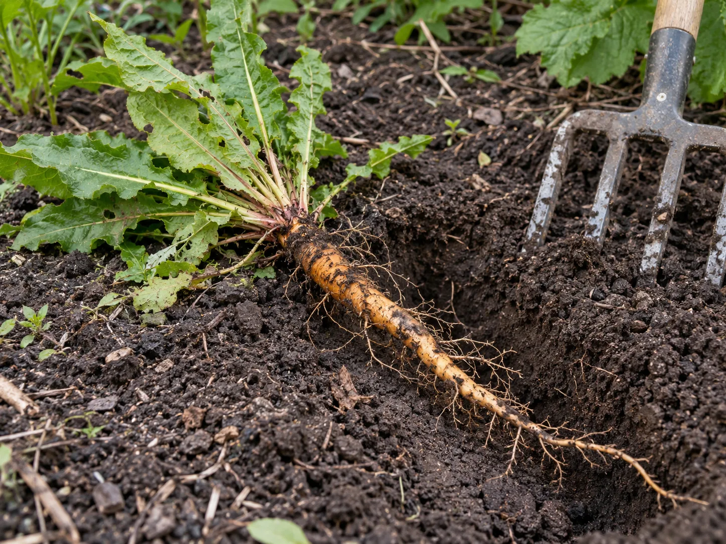 A lifted yellow dock plant with its crown still attached to a long yellow-orange taproot