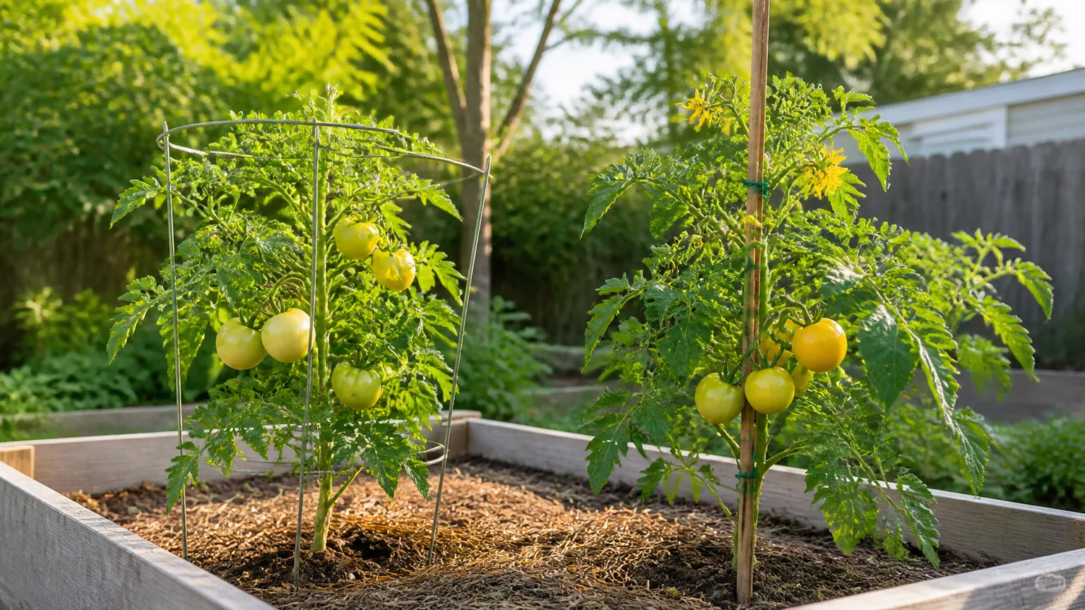 Side-by-side caged and staked tomato plants growing in a raised bed