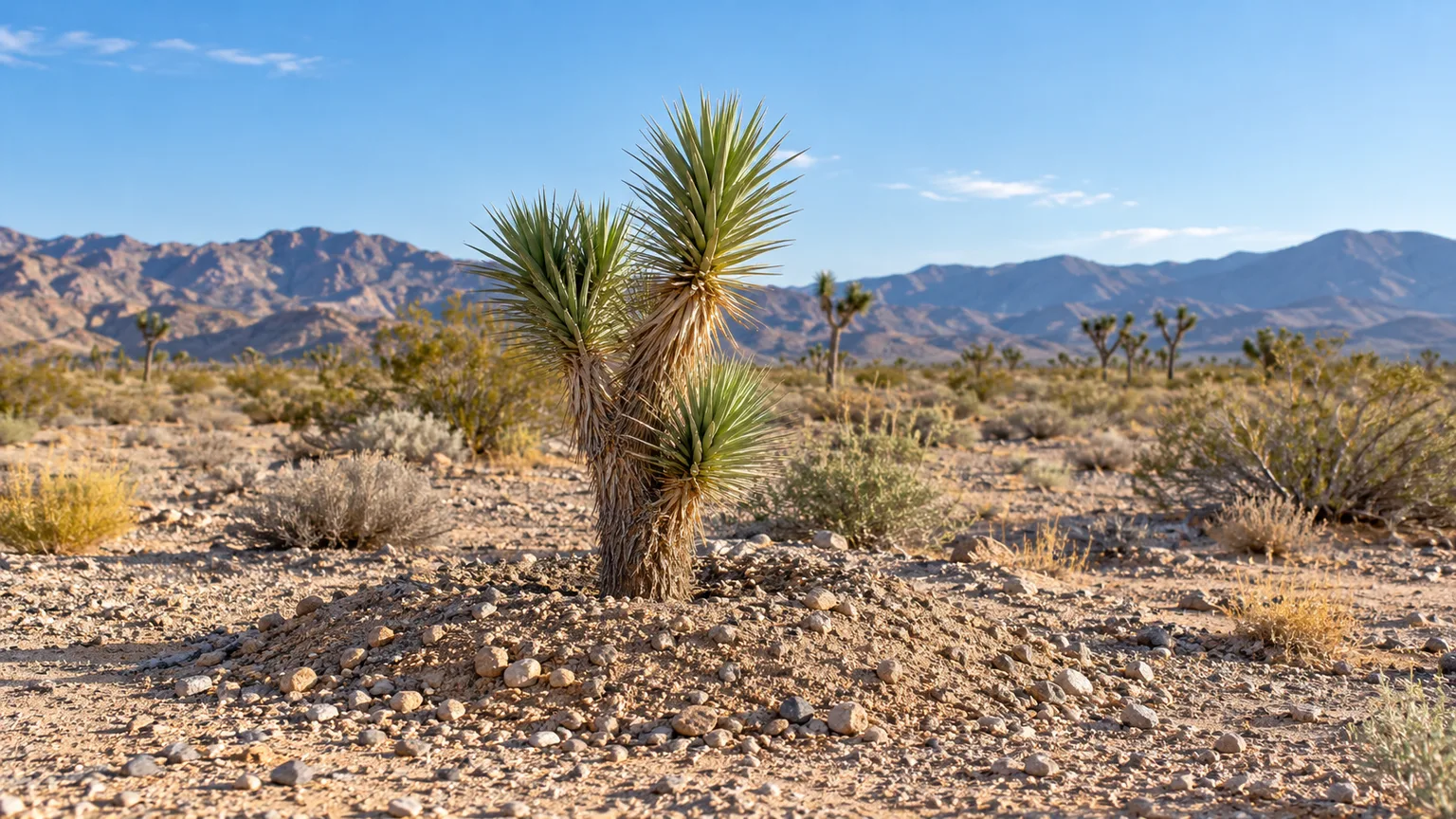 A young nursery-grown Joshua tree in an open, sunny high-desert planting site with gravelly soil and room around it