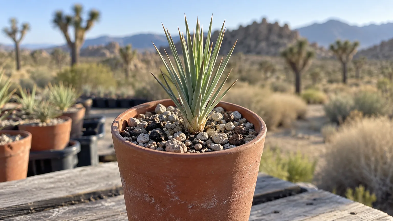 A young Joshua tree seedling growing in gritty, free-draining mix in a deep nursery pot
