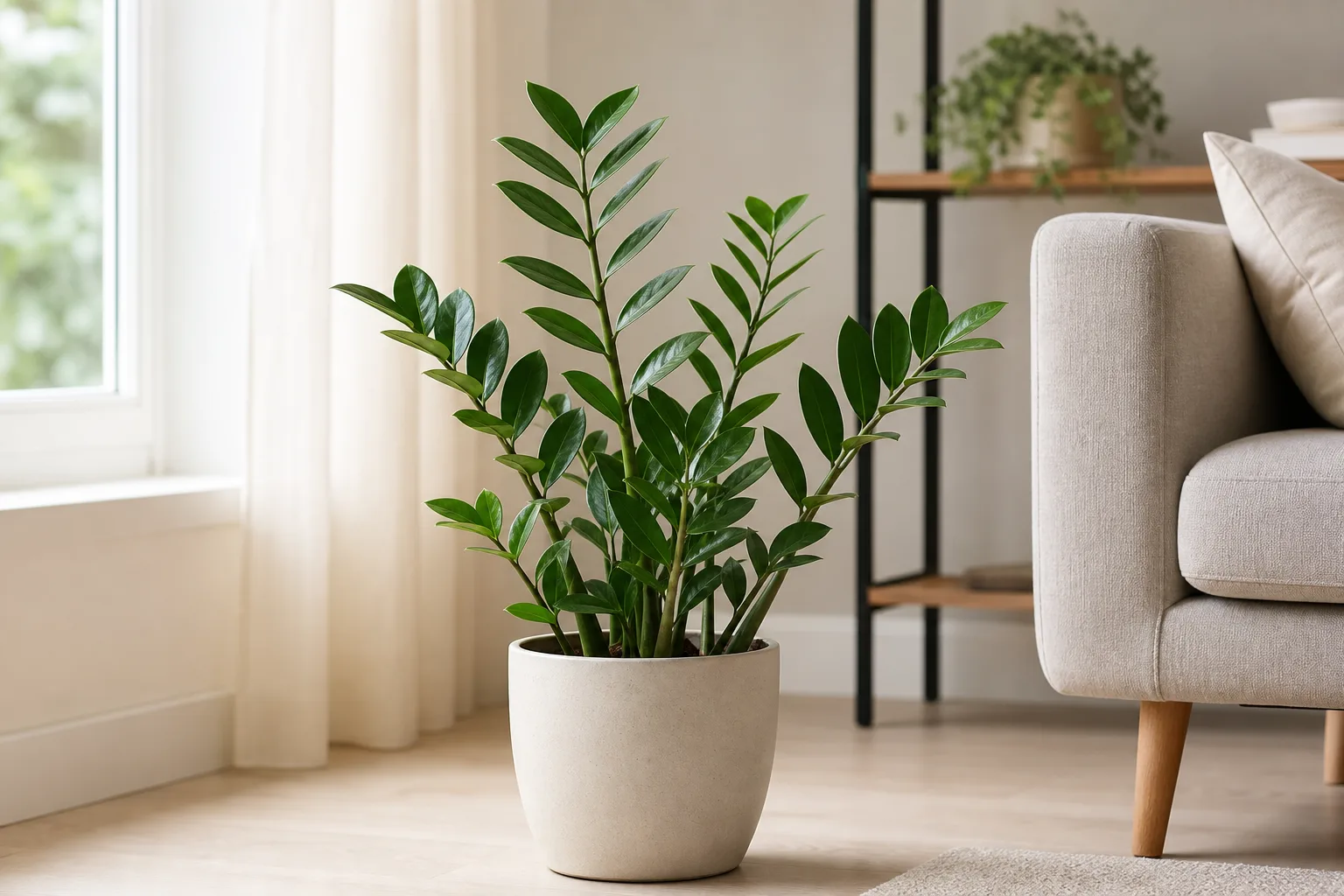 Healthy ZZ plant in bright indirect indoor light