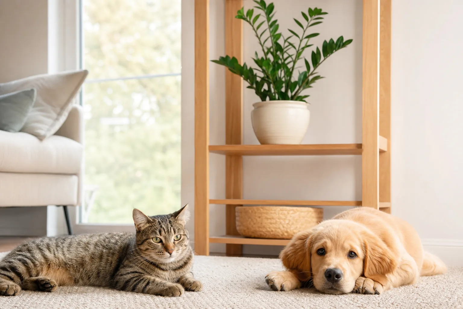 ZZ plant on a high shelf safely out of reach of a cat and dog resting nearby in a bright living room