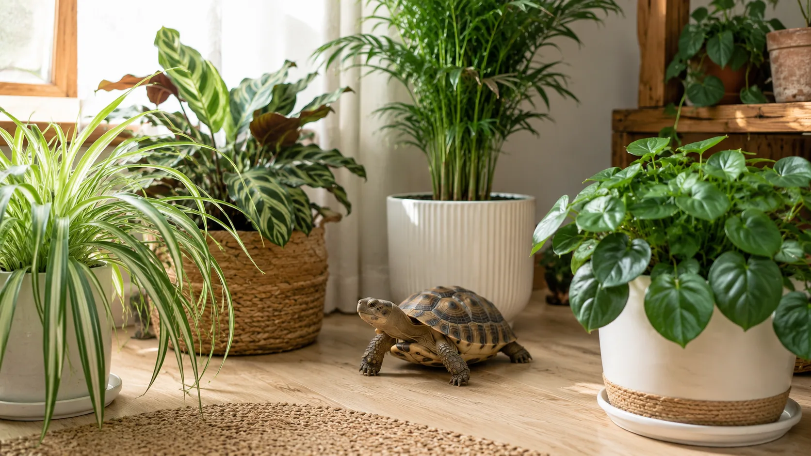 Tortoises with houseplants