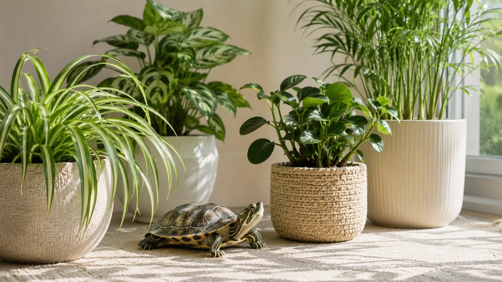 Turtles with houseplants