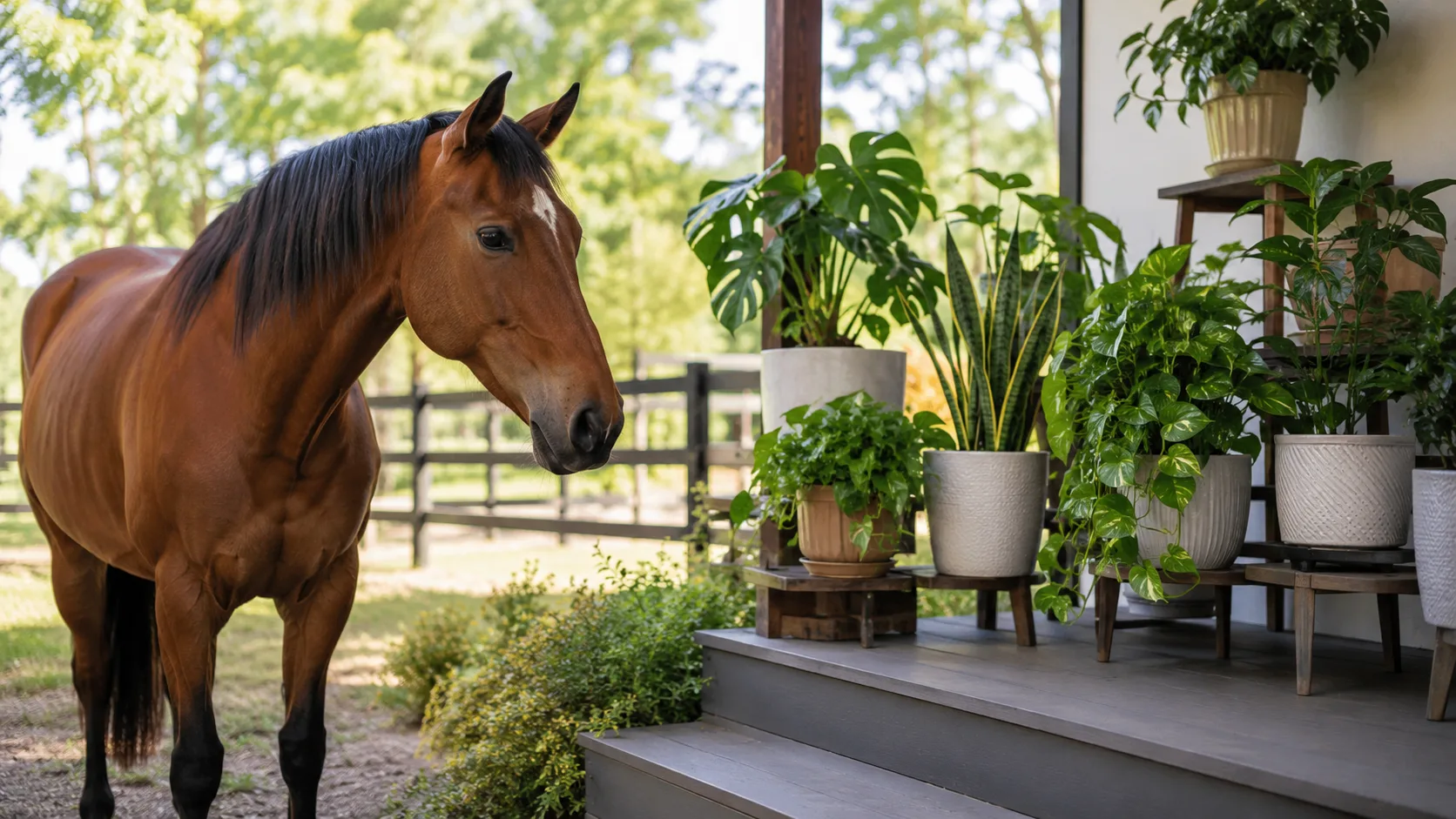 Horses with houseplants