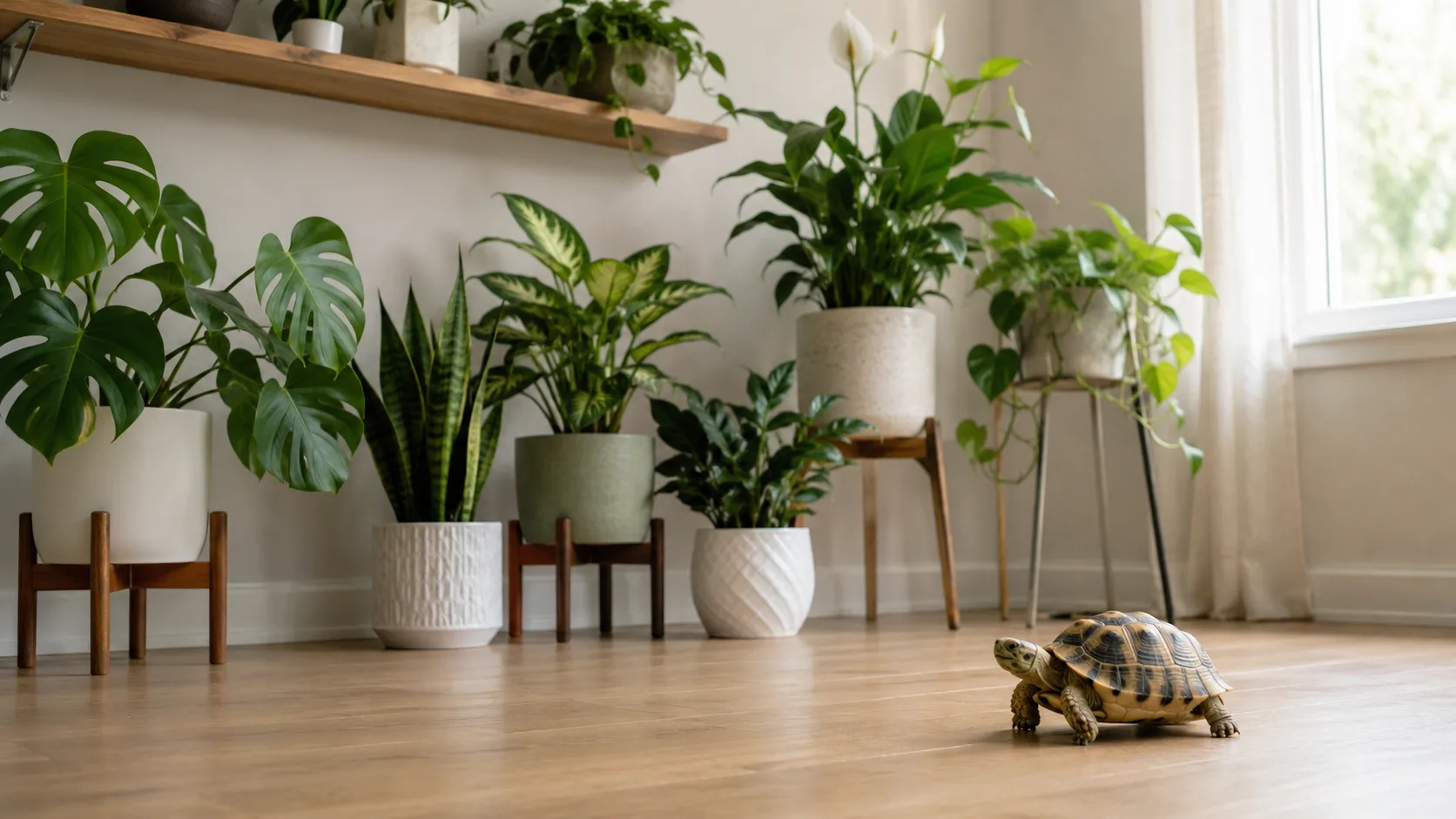 Tortoises with houseplants