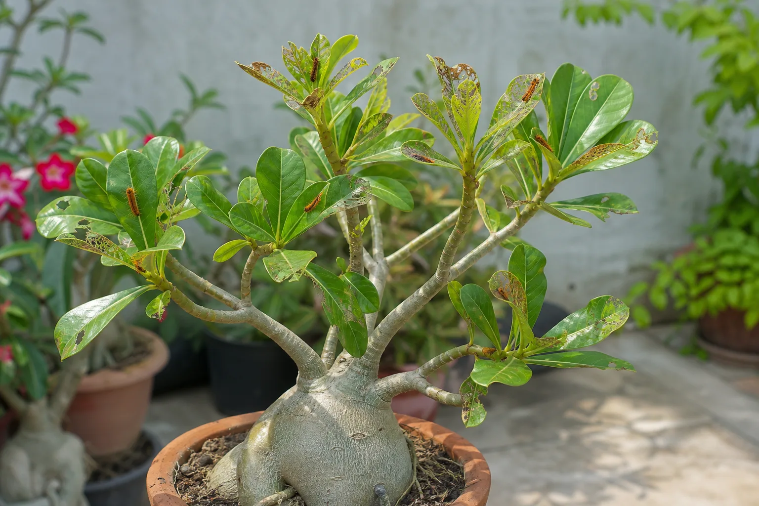 Oleander caterpillars on desert rose - bright orange larvae with black tufts skeletonizing new shoots on sparse Adenium foliage