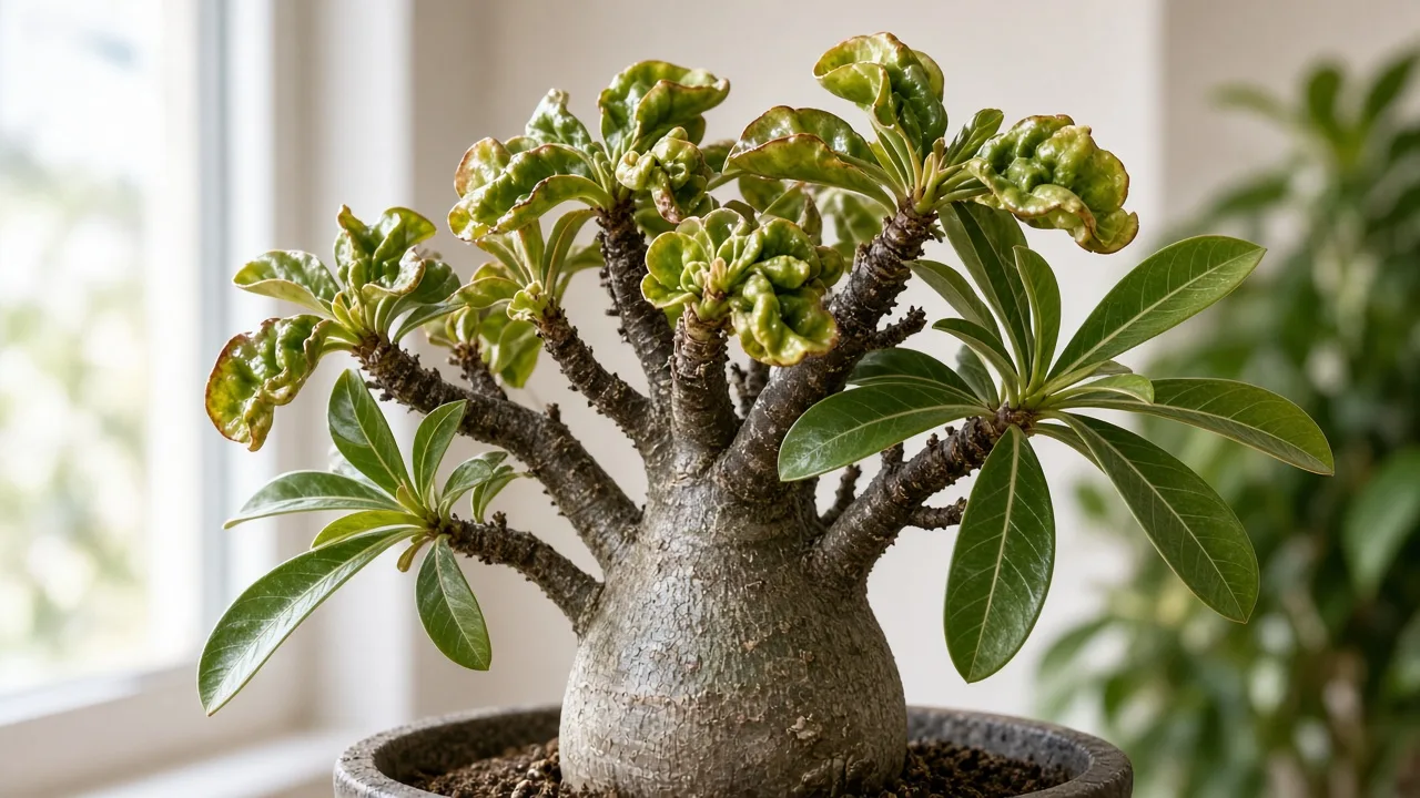 Distorted Leaves on Adenium - twisted new growth at branch tips