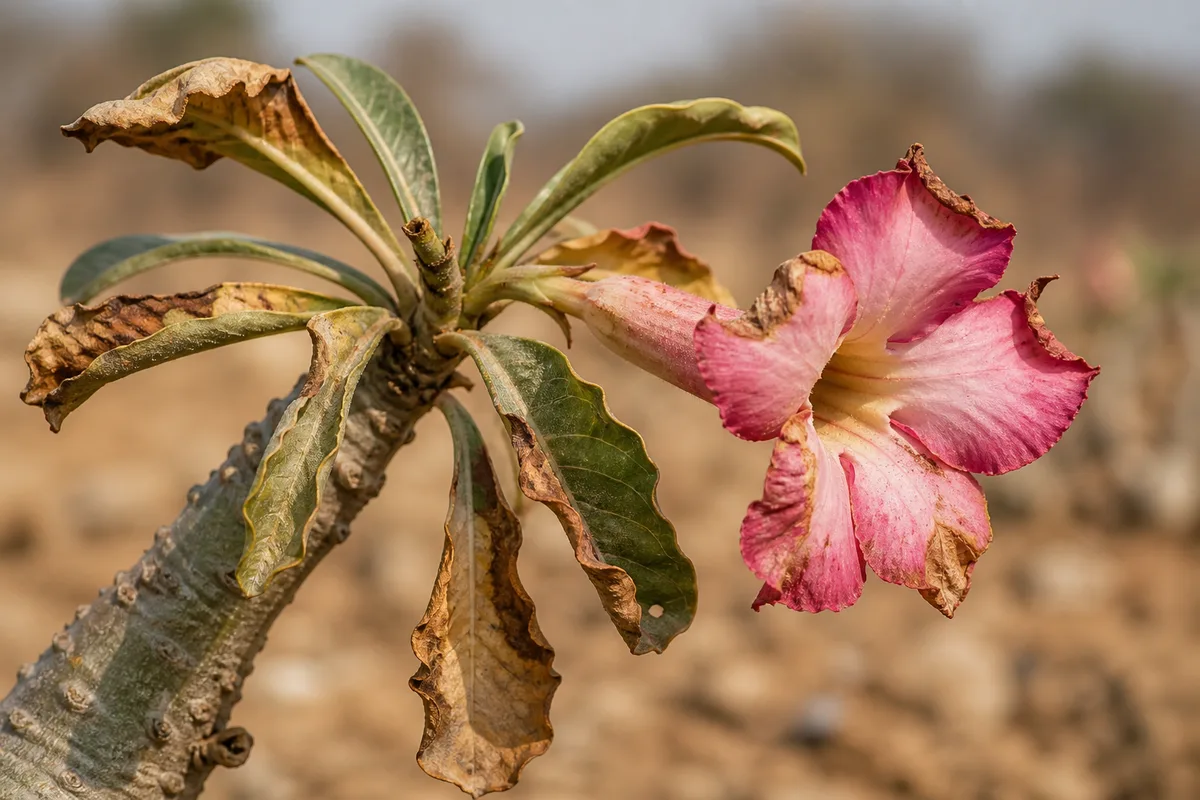 Close-up of Draft Stress on Adenium - diagnostic detail