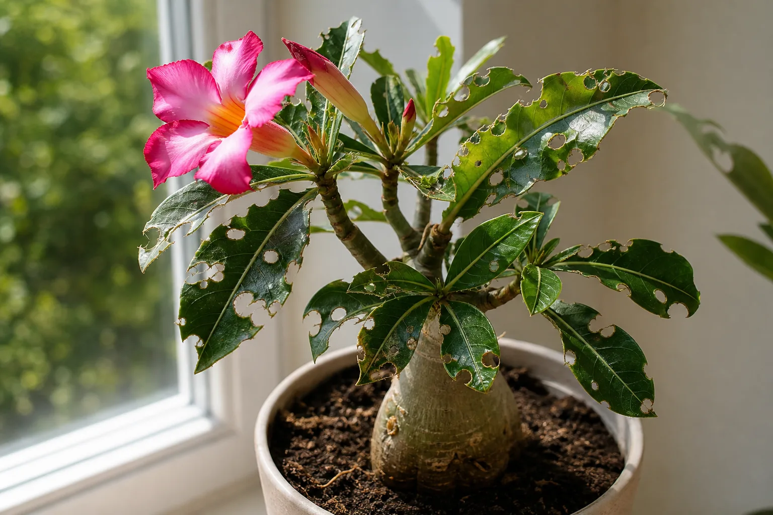 Holes in Leaves on Adenium - visible symptom on the plant