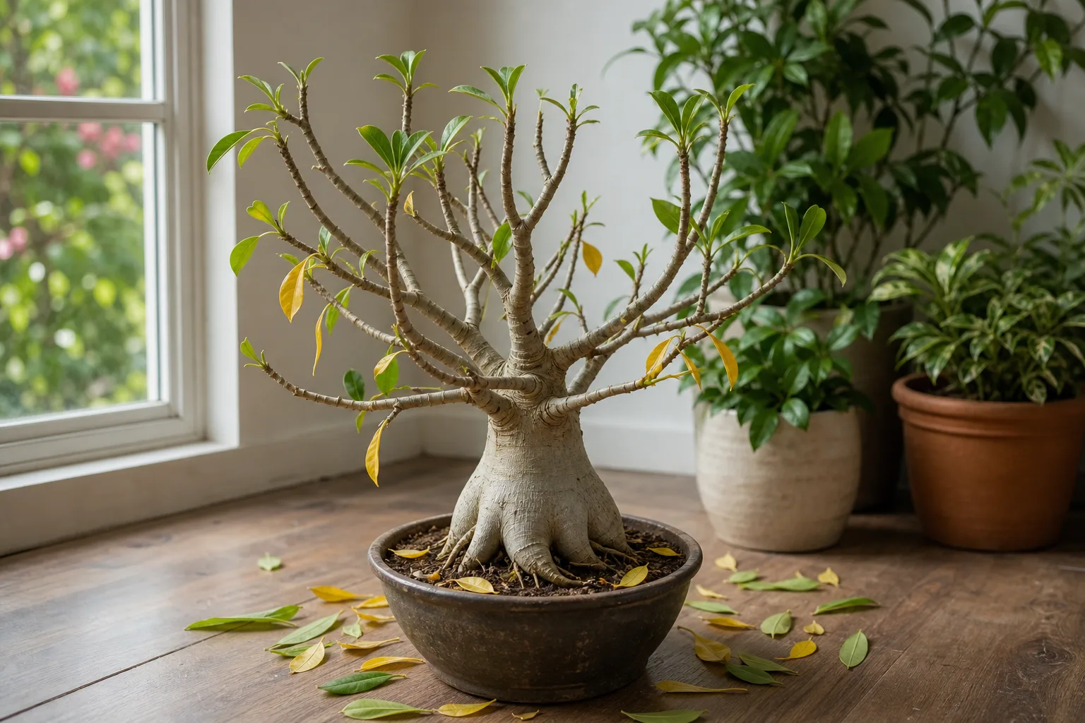 Leaf drop on Adenium - partially defoliated desert rose with yellowing lower leaves and a firm caudex