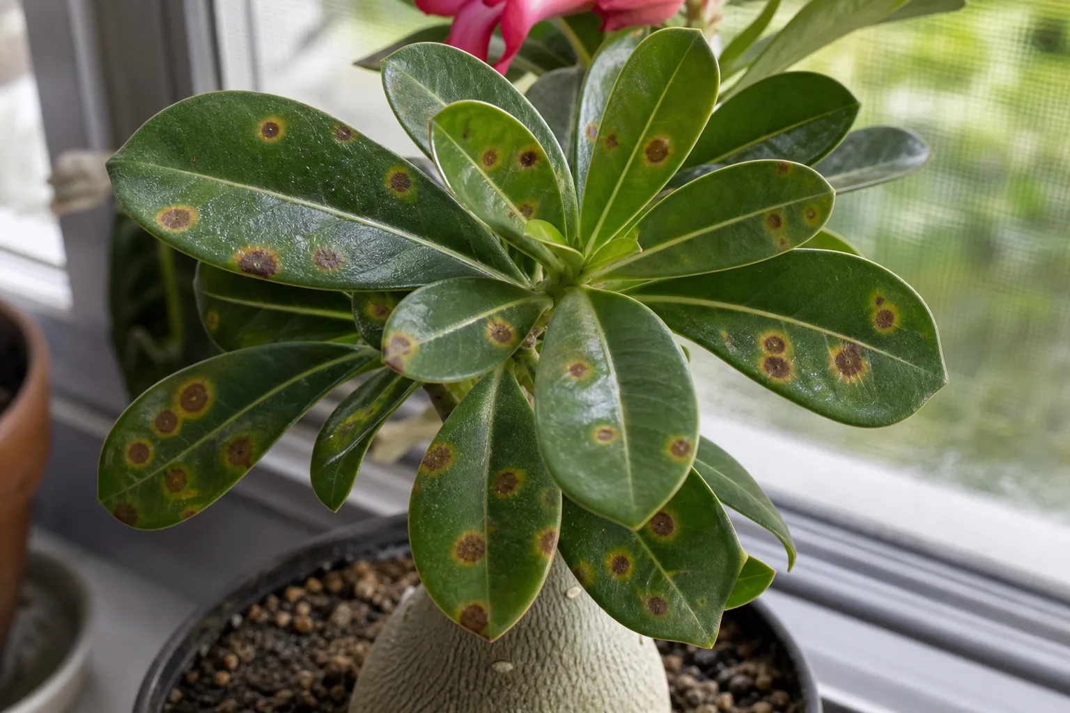 Leaf Spot Disease on Adenium - visible symptom on the plant