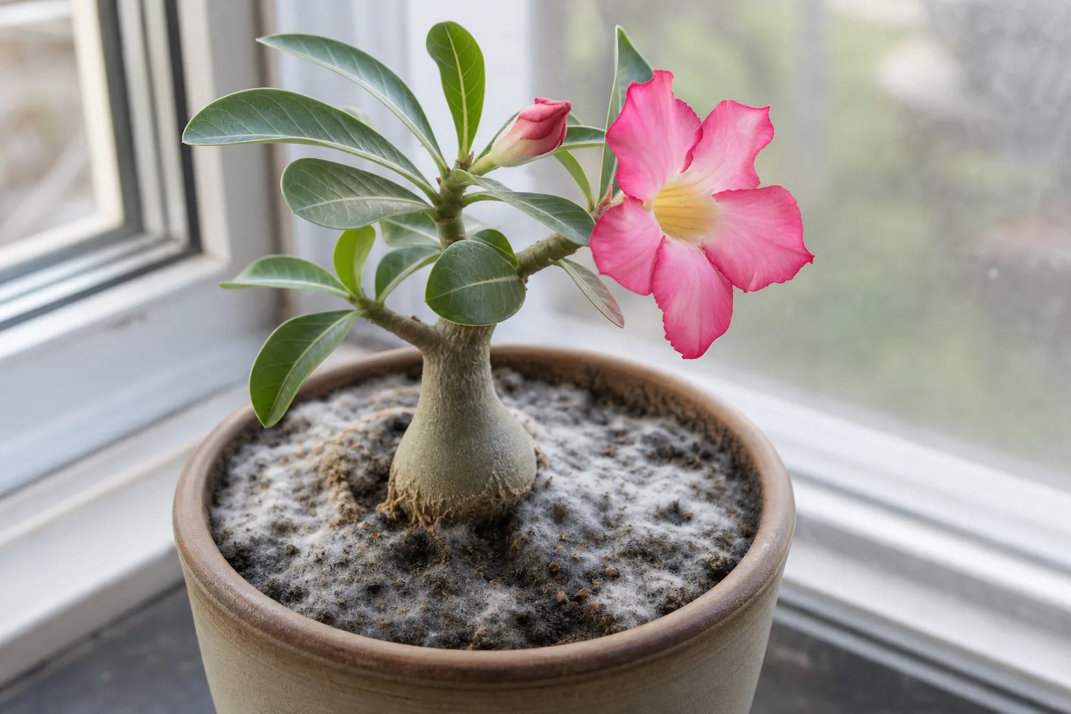 Mold on Soil on Adenium - visible symptom on the plant