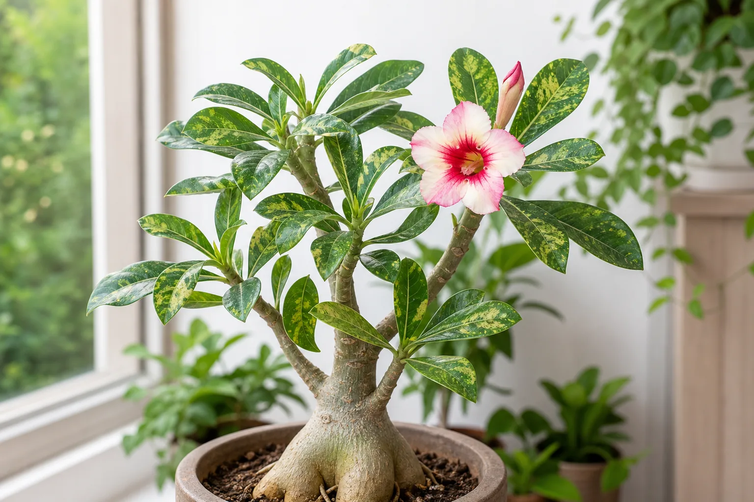 Mosaic virus on Adenium - irregular yellow-green mottling on new desert rose leaves with firm caudex