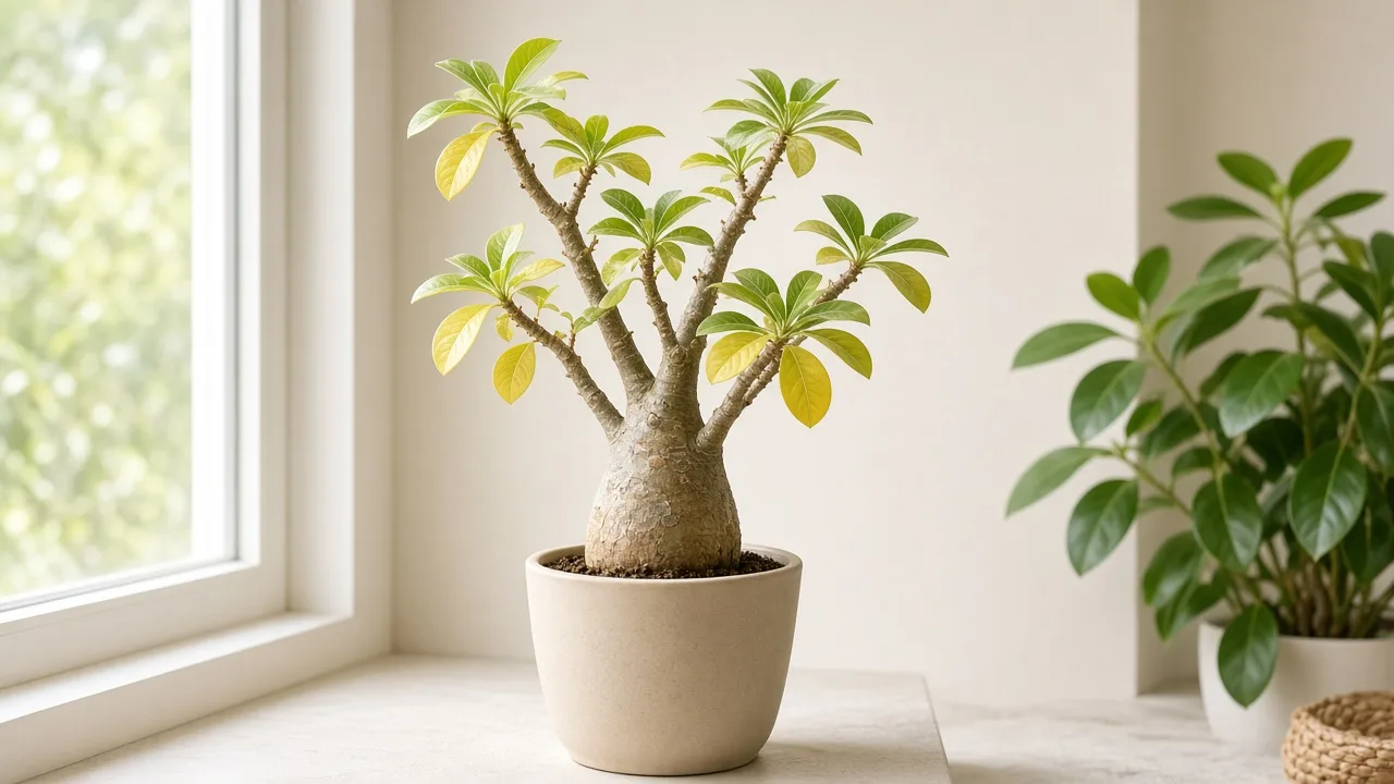 Nitrogen deficiency on Adenium - oldest lower Desert Rose leaves uniformly pale yellow-green on woody branches
