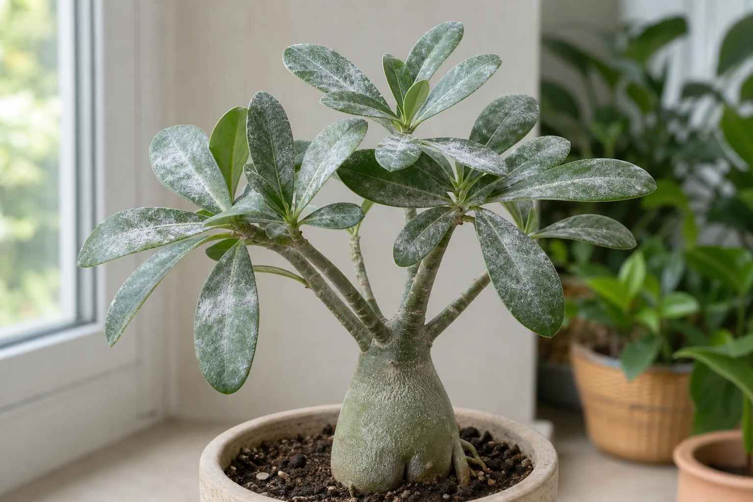 Powdery mildew on Adenium - white talc-like dust on upper leaf surfaces of desert rose