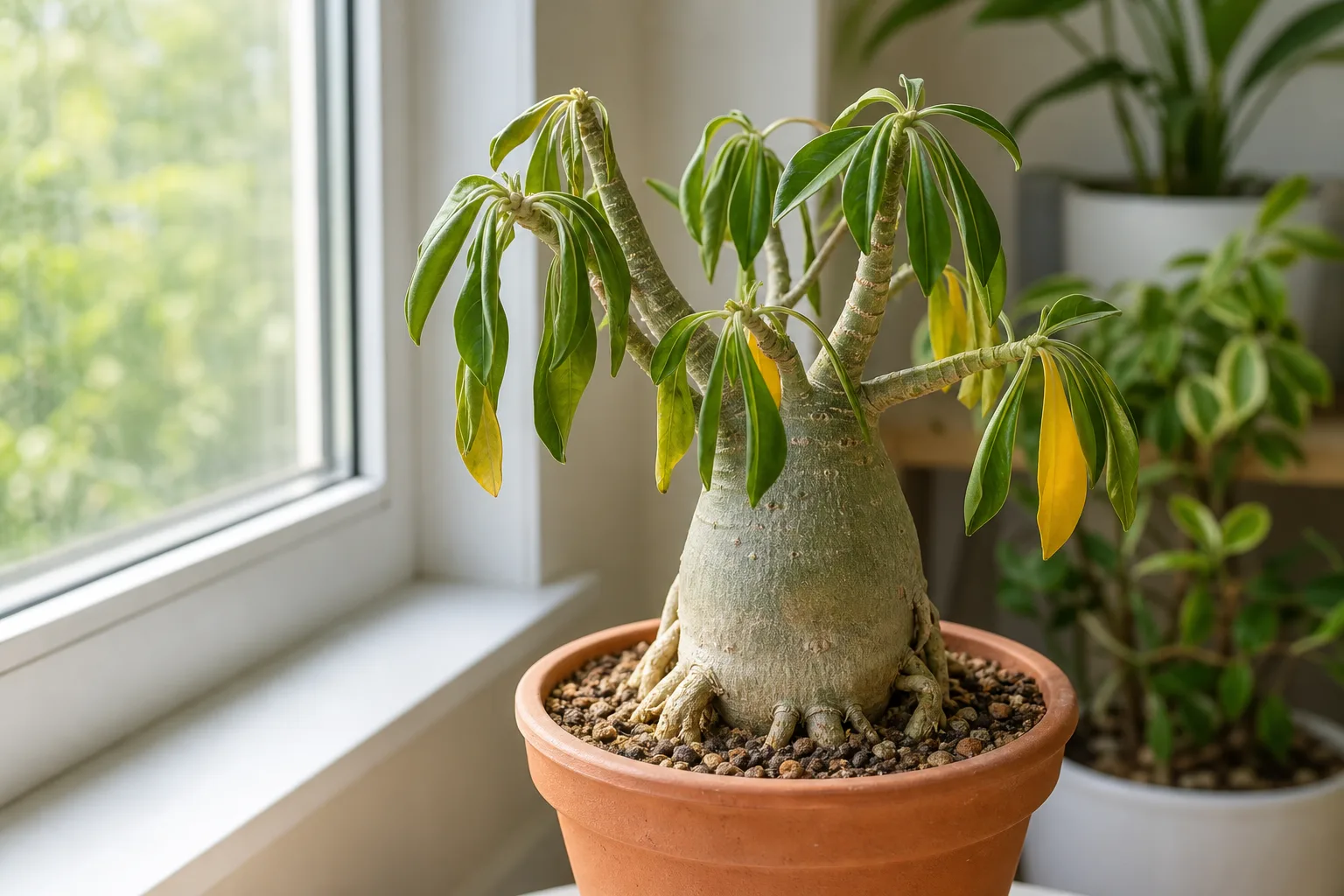 Repotting stress on Adenium - drooping leaves on a firm desert rose caudex after root disturbance