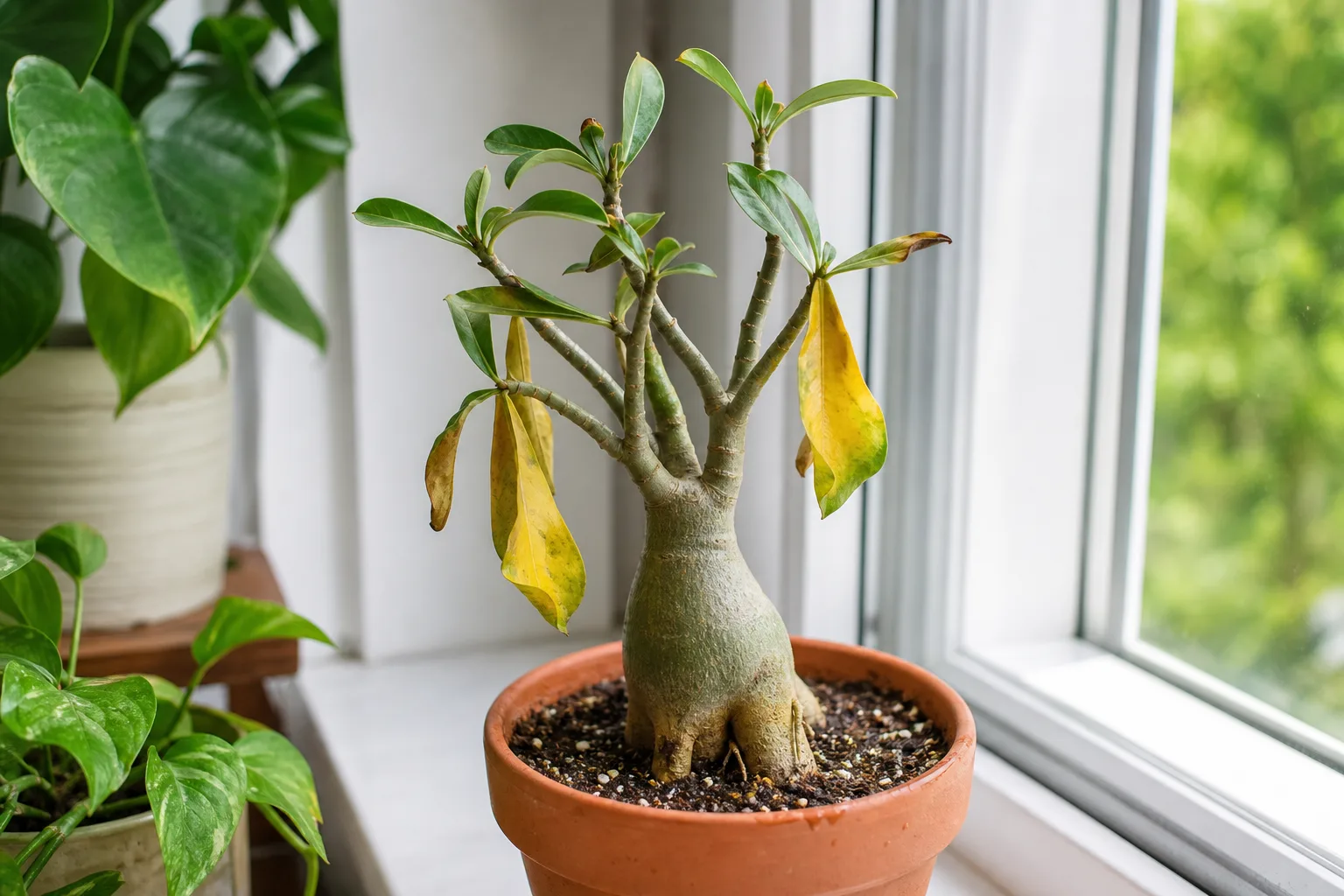 Root rot on Adenium - yellowing wilted leaves on damp soil with a soft caudex base