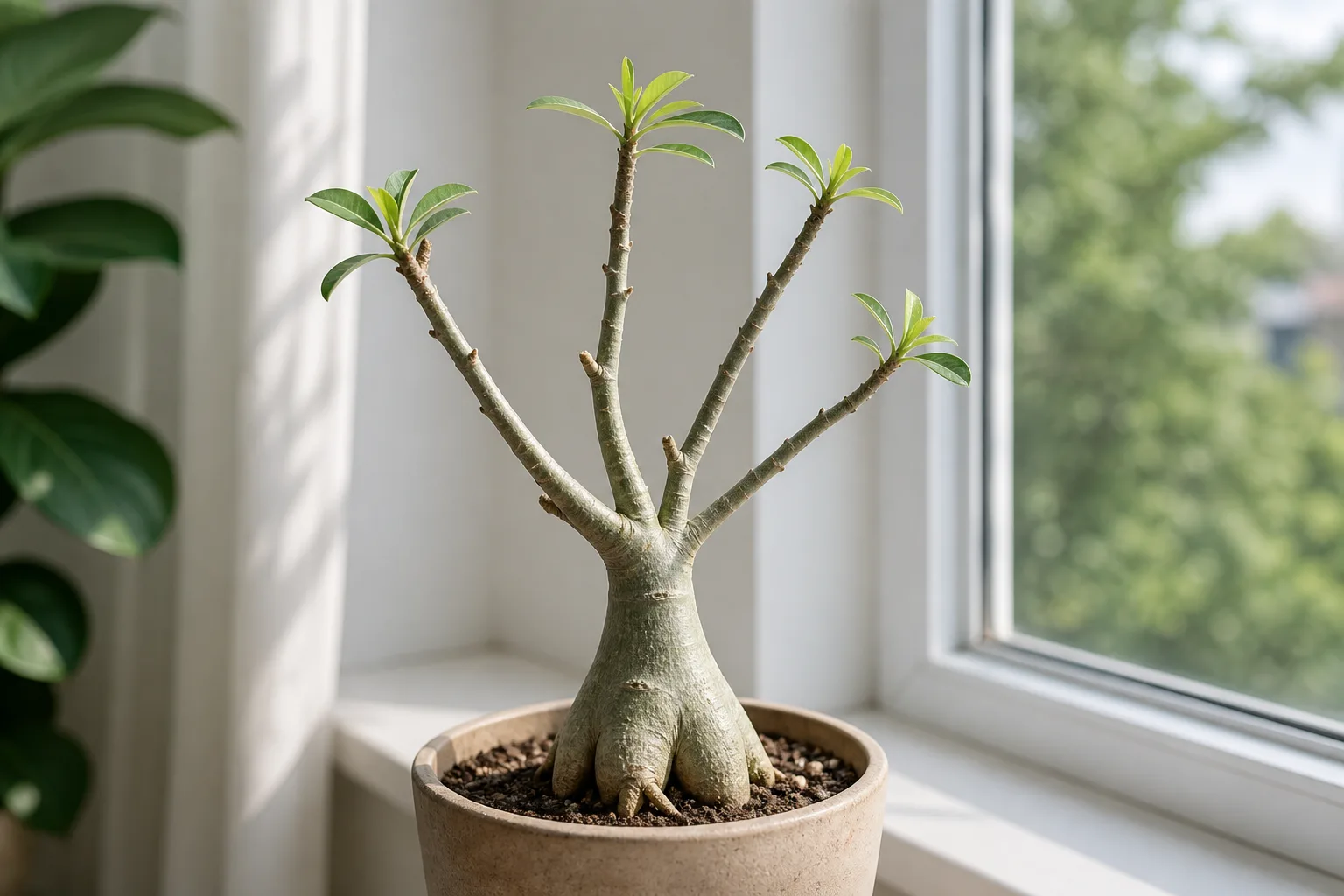 Slow growth on Adenium - sparse small pale leaves at stem tips with bare lower branches and a firm caudex