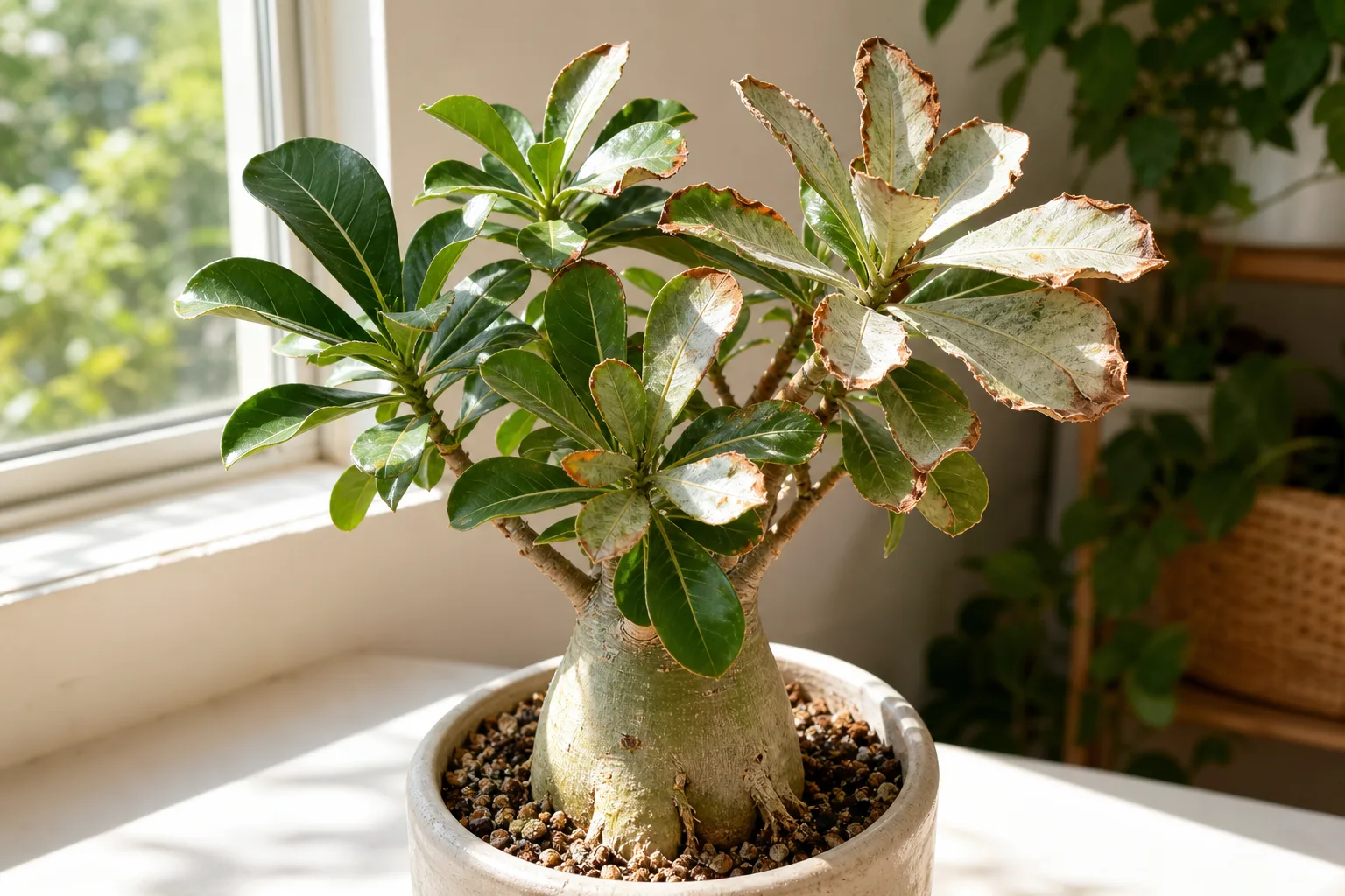 Sunburn on Desert Rose (Adenium) - bleached silvery patches and crispy brown margins on sun-facing leaves with a firm caudex