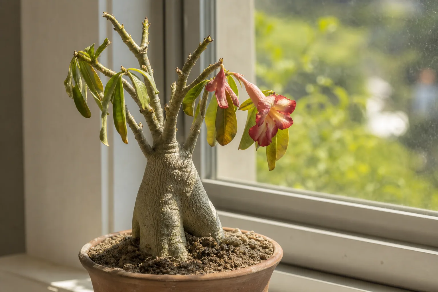 Underwatering on Adenium - visible symptom on the plant