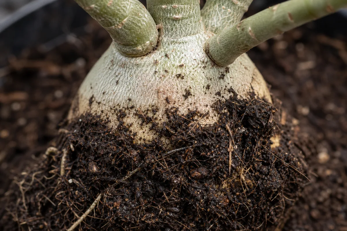Close-up of Wrong Soil Mix on Adenium - diagnostic detail