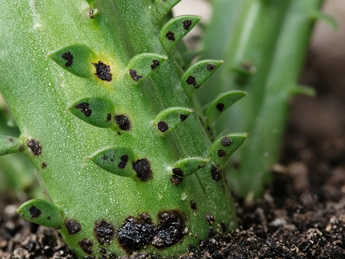 Close-up of black spots on African Milk Tree ridge leaves and stem base
