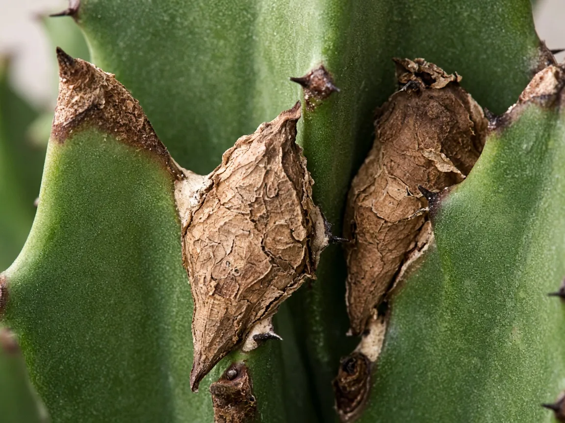 Close-up of brown crispy ridge leaves on African Milk Tree stem