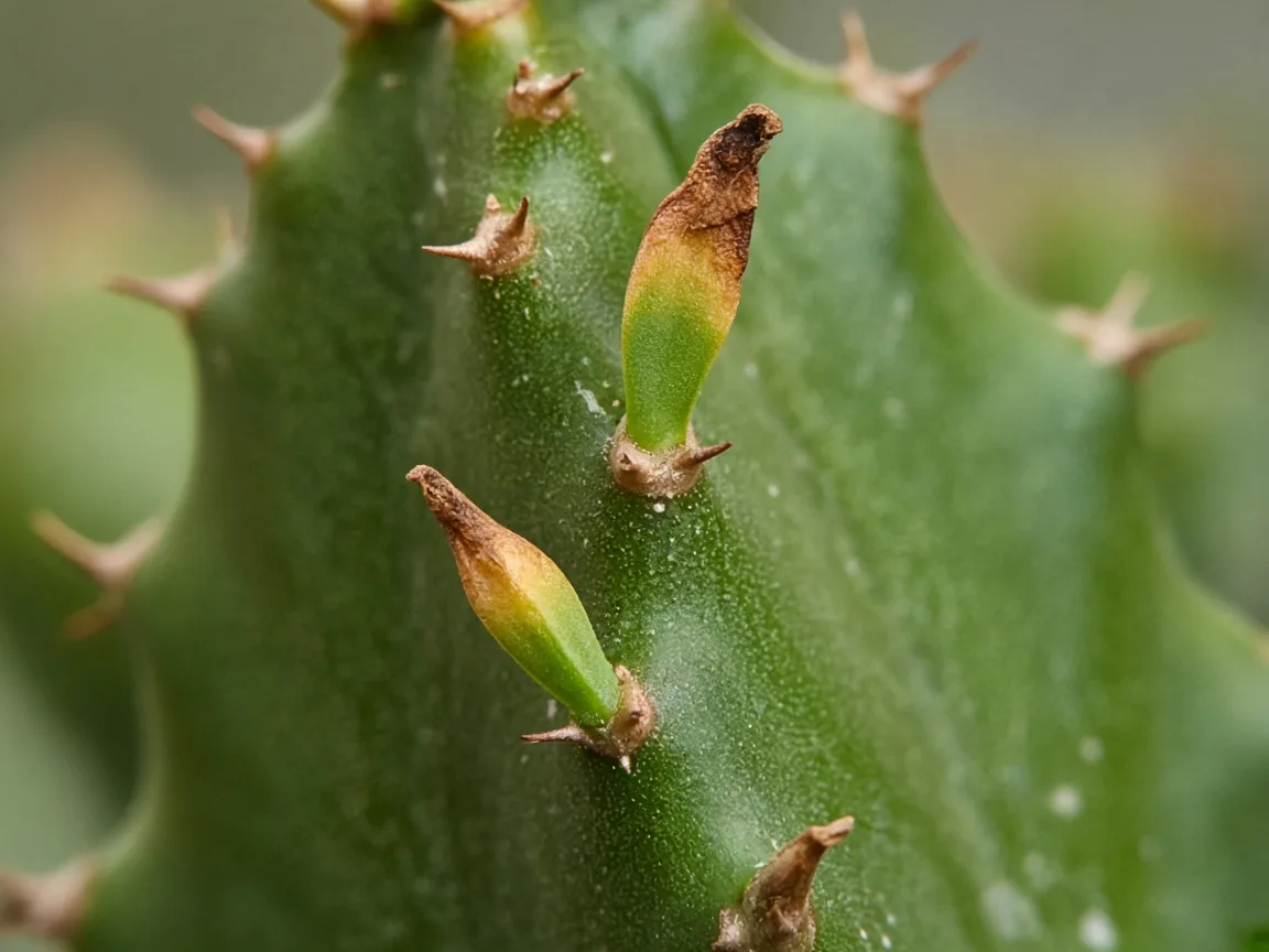 Close-up of brown tips on African Milk Tree ridge leaves