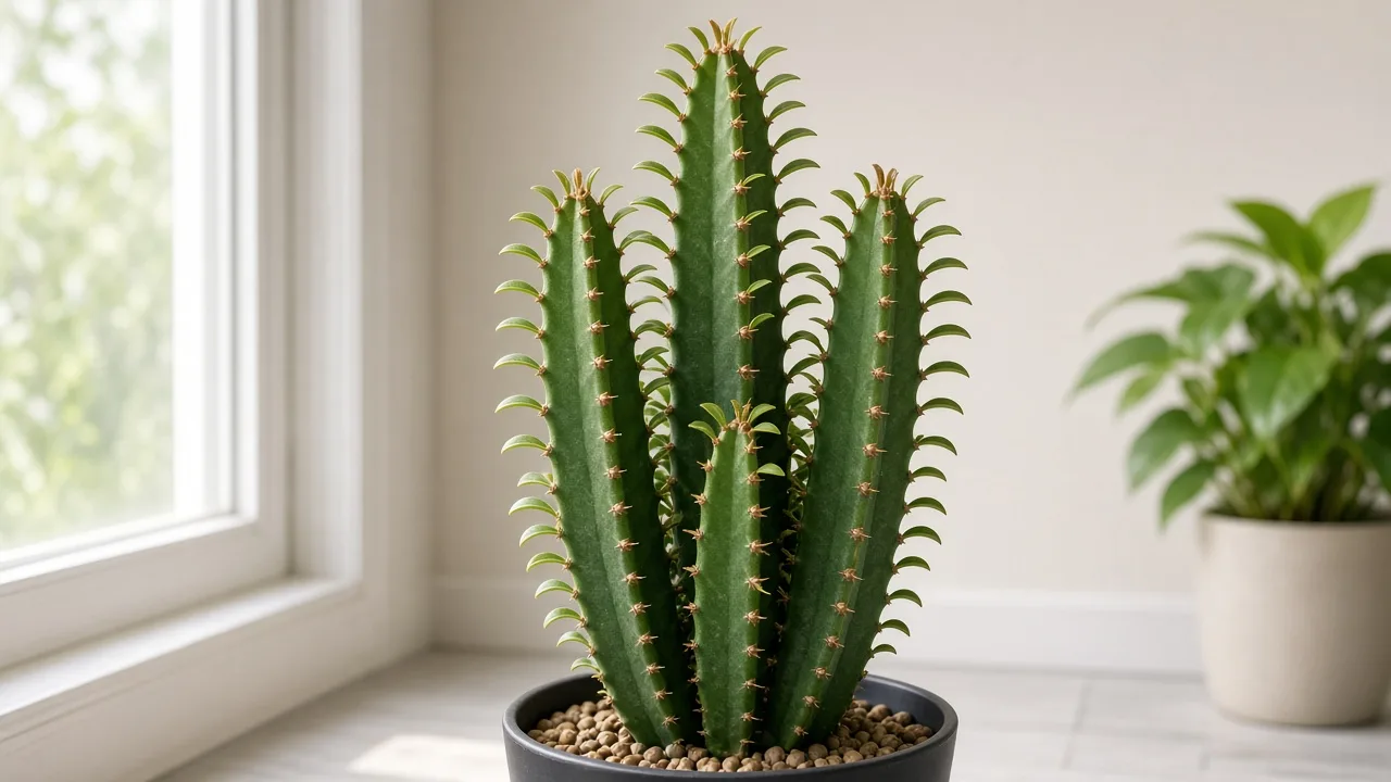 Brown Tips on African Milk Tree - dry tan tips on small ridge leaves along a firm green column