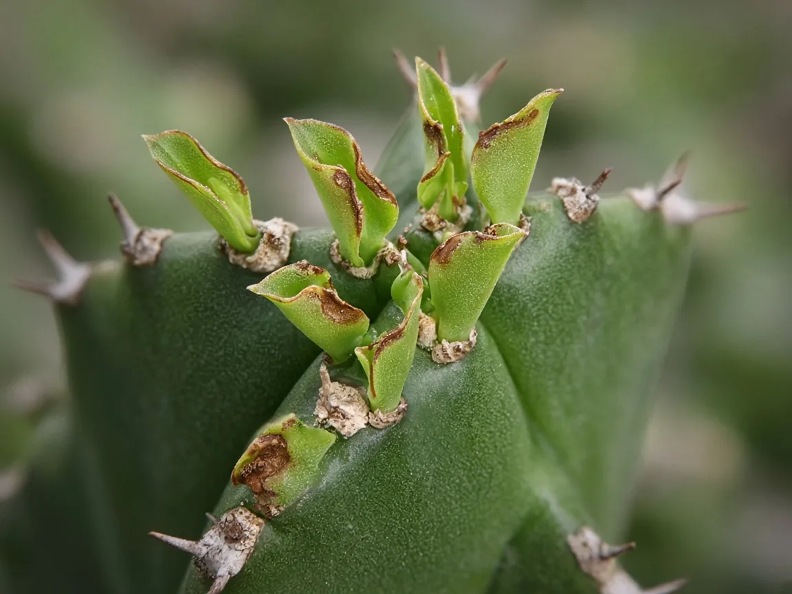 Close-up of calcium deficiency on African Milk Tree - cupped new ridge leaves at branch tip