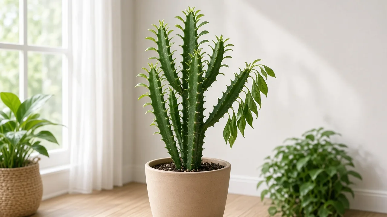 Drooping leaves on African Milk Tree - limp ridge leaves along upright green columnar stems