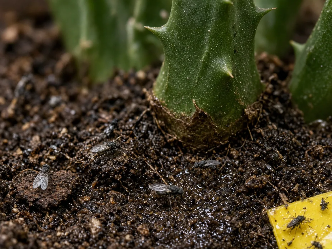 Close-up of fungus gnats on damp potting mix at the base of an African Milk Tree stem