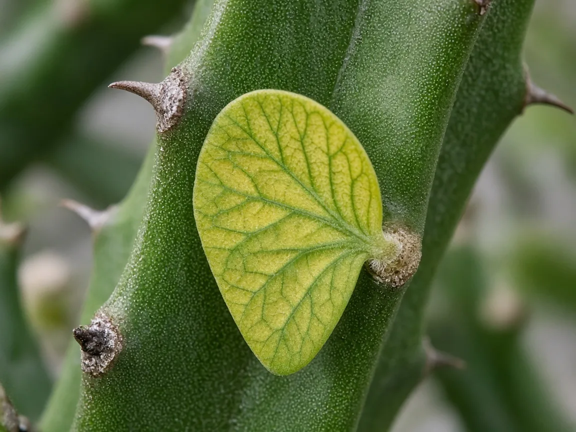Close-up of interveinal chlorosis on new teardrop ridge leaf at an African Milk Tree branch tip