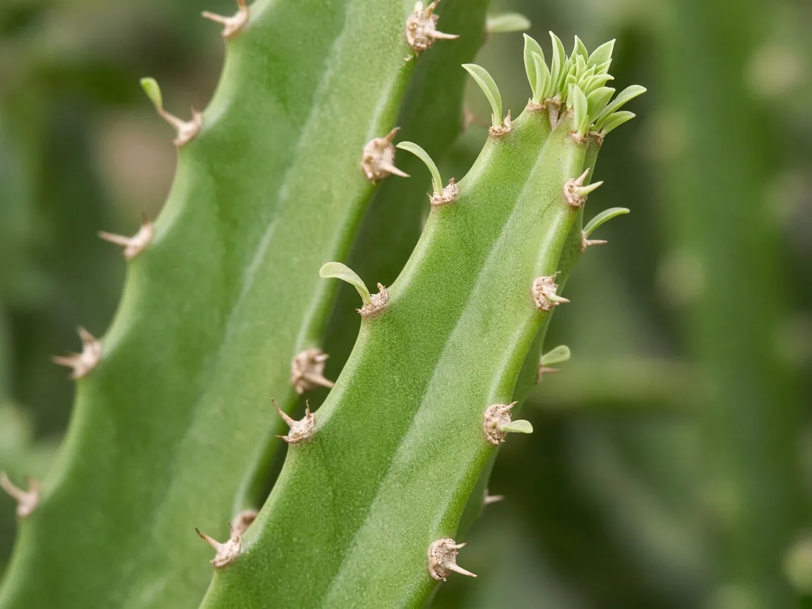 Close-up of long bare ridge section with sparse tiny leaves on a stretched African Milk Tree stem