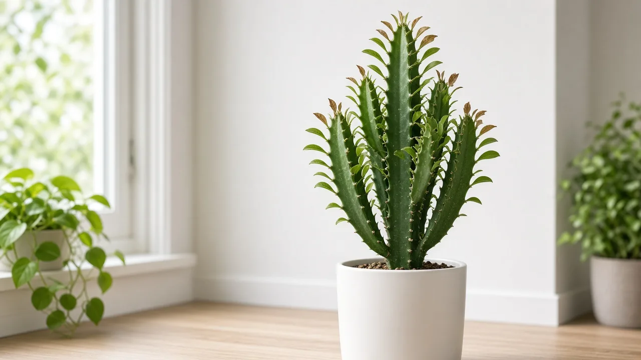 Low humidity on African milk tree - crisp ridge leaves on triangular Euphorbia trigona stems near a heating vent