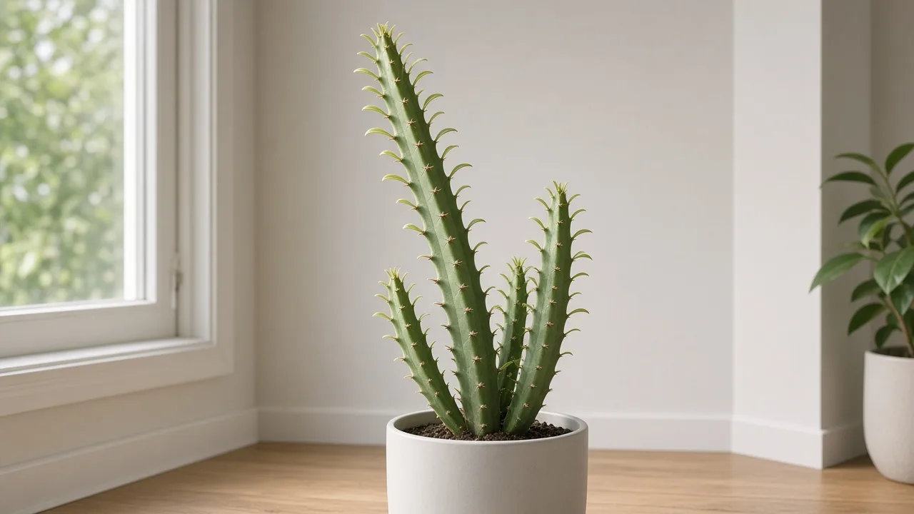 Not enough light on African Milk Tree - pale leaning column with stretched internodes reaching toward a window